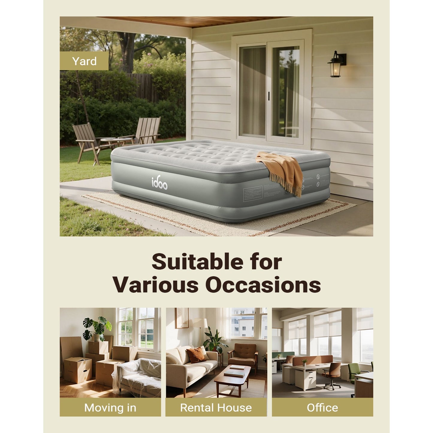 iDOO 18" Queen Size Air Mattress with Built-in Pump, Blow up Mattress with Quick Self-Inflation and Deflation in 3 Mins, 700lb MAX, Gray