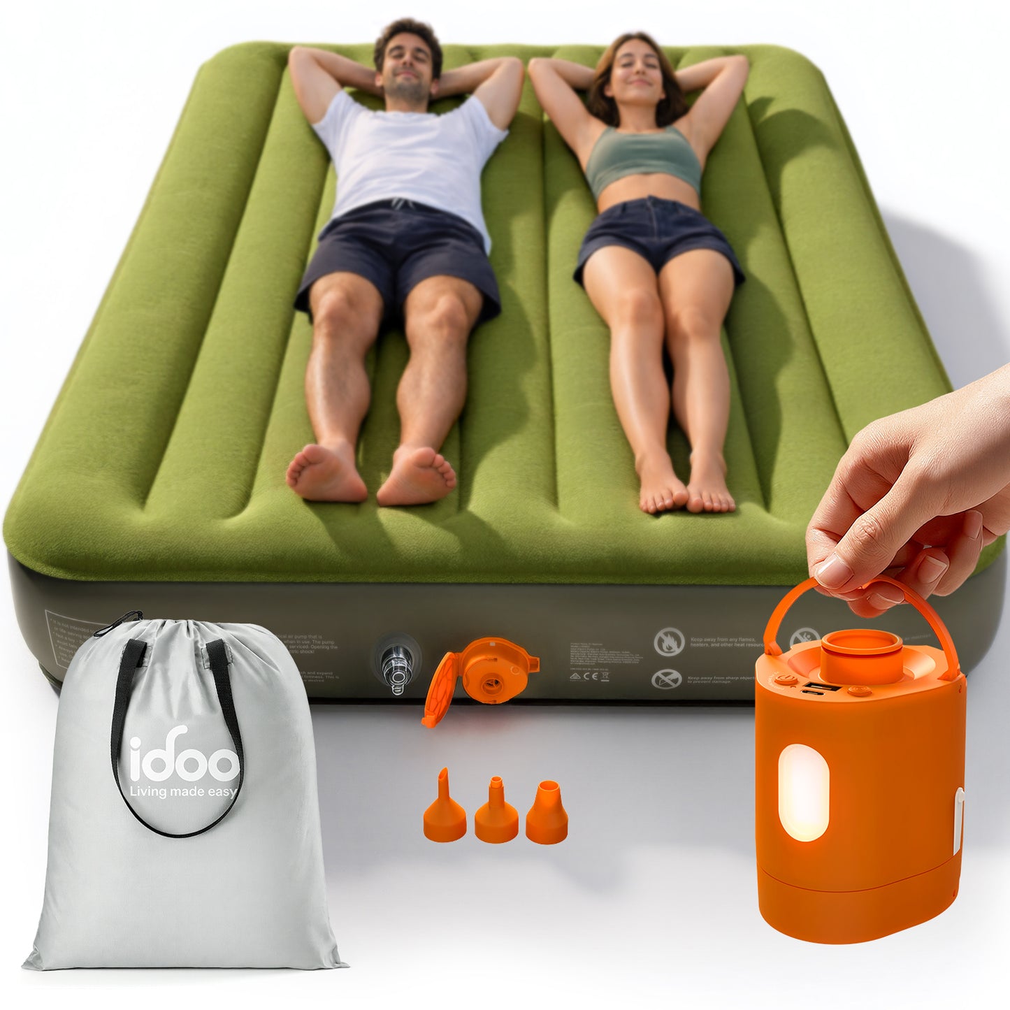 iDOO Air Mattress Queen with Built in Pump, 1.5 Mins Fast Inflation, Comfort Inflatable Mattress with Carry Bag, Blow up Mattress Includes USB Pump & Nozzles for Travel & Camping, Matelas Gonflable