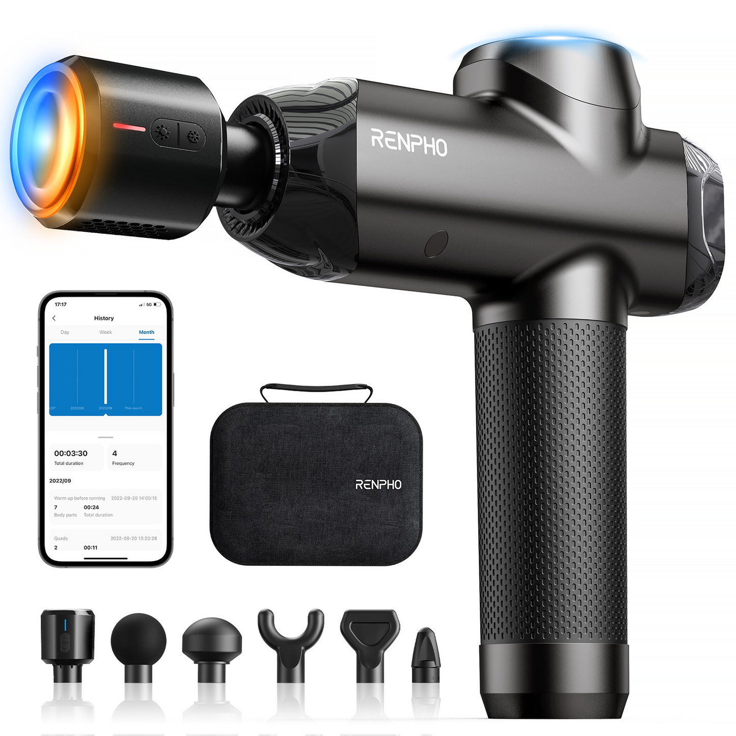 RENPHO Massage Gun Deep Tissue with Heat and Cold, FSA HSA Eligible Percussion Muscle Massage Gun Bluetooth with 12mm Amplitude, Handheld Massager Gun, Power+ Thermacool Grey
