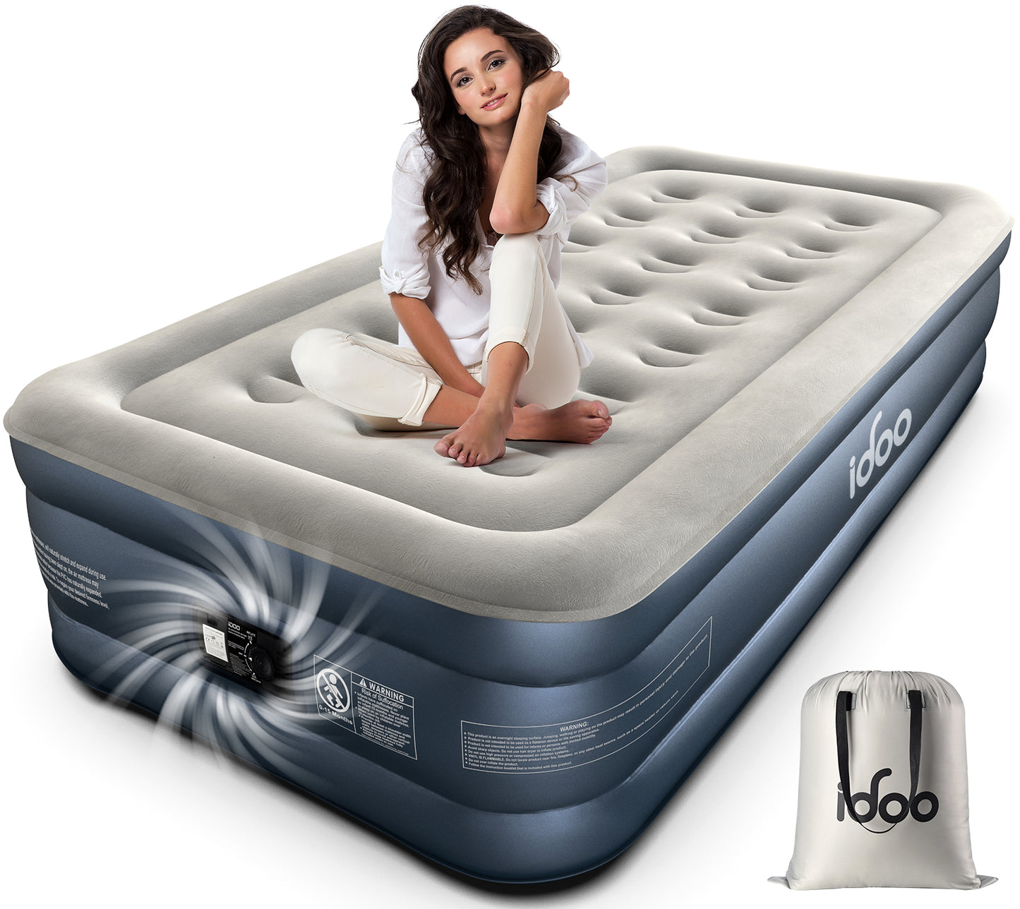 iDOO Single Size Air Mattress, Inflatable Airbed with Built-in Pump, 3 Mins Quick Self-Inflation/Deflation, Comfortable Blow Up Bed for Home Portable Camping Travel