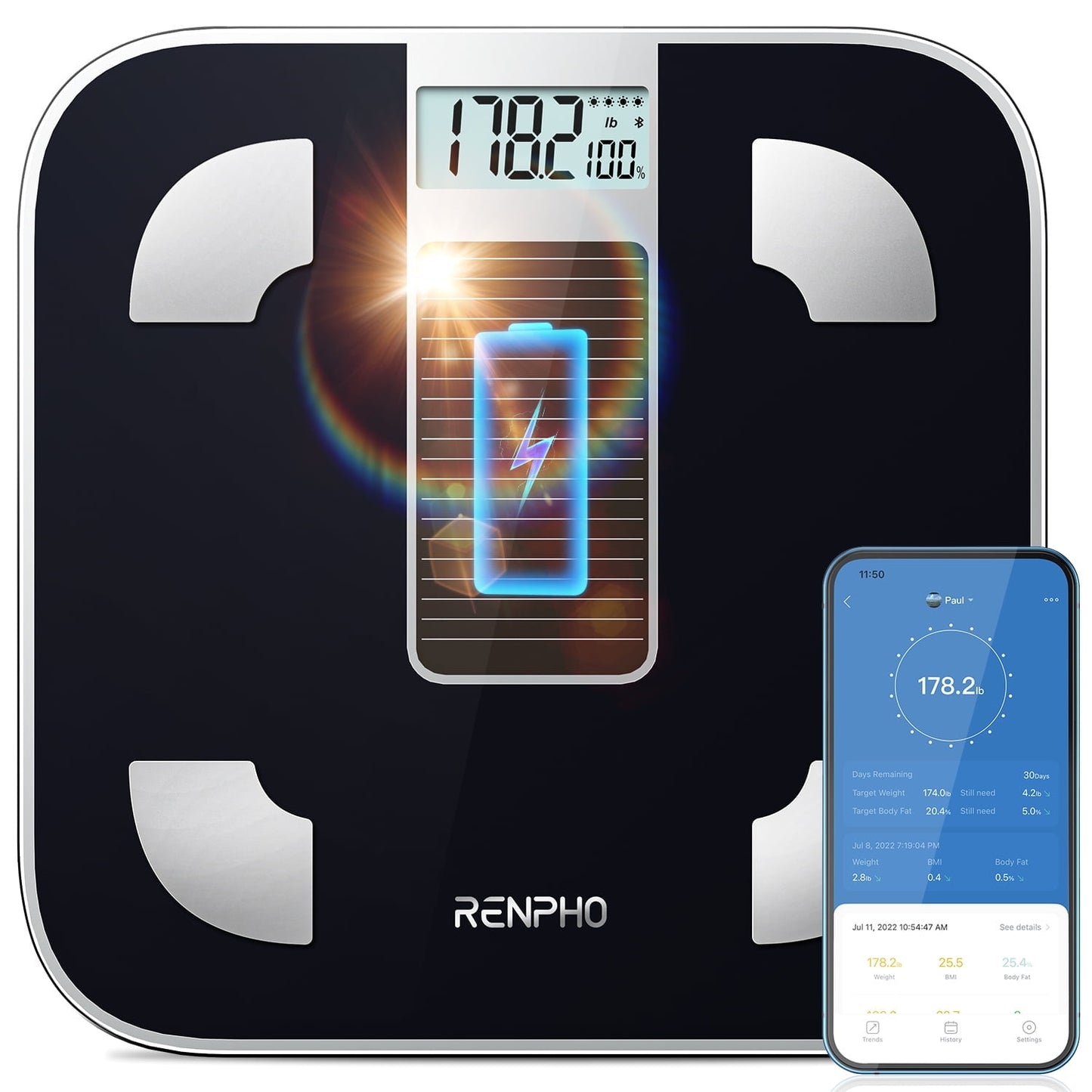 Renpho Solar-Powered RENPHO Bluetooth Scale for Weight: Eco-friendly, Smart, Precise! 400lbs, Black