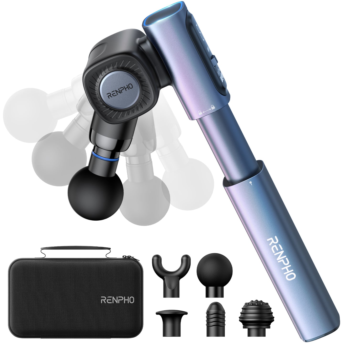 RENPHO Massage Gun with Adjustable Angles and Extension Handle, FSA HSA Eligible, Handheld Percussion Muscle Massager Deep Tissue with Portable Carry Case for Men Women, Extend 2