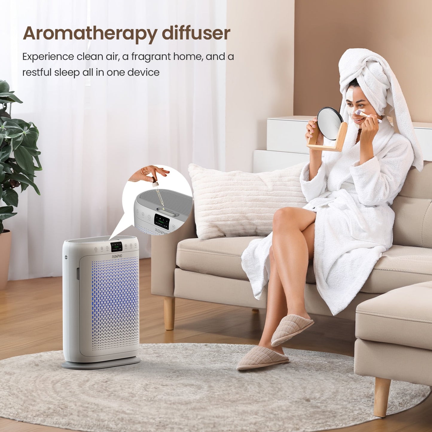 RENPHO HEPA Air Purifier for large room up to 1370 ft², Air Cleaner with Aromatherapy, Air Quality Monitor and Auto Mode, Remove 99.97% Allergies, Odors, Dust, Model HAU03, White