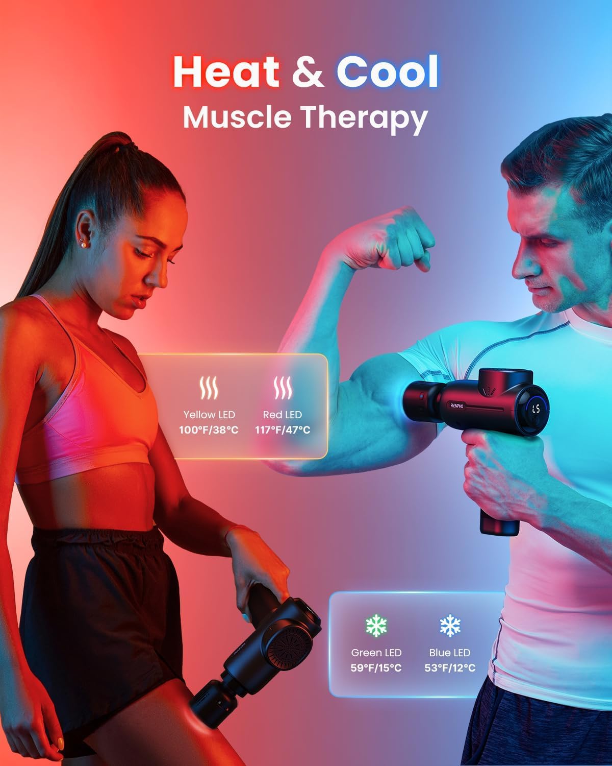 RENPHO Massage Gun with Heat and Cold, Percussion Muscle Deep Tissue Massage Gun Portable with APP, Electric Handheld Massager Gun, Muscle Massager Gun for Men and Women, Active+ Thermacool