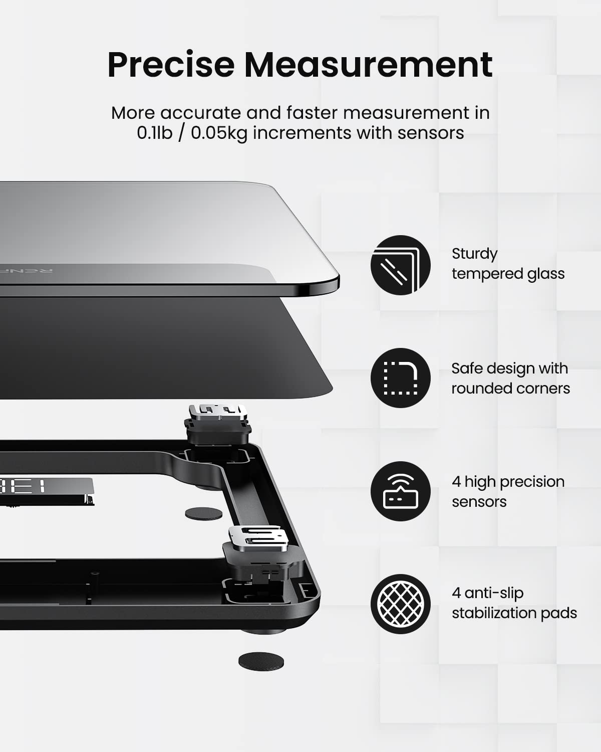 RENPHO Digital Bathroom Scales Weighing Scale with High Precision Sensors Body Weight Scale for Fitness (Stone/lb/kg) - Black, Large Platform 280 * 280mm, Core 1S
