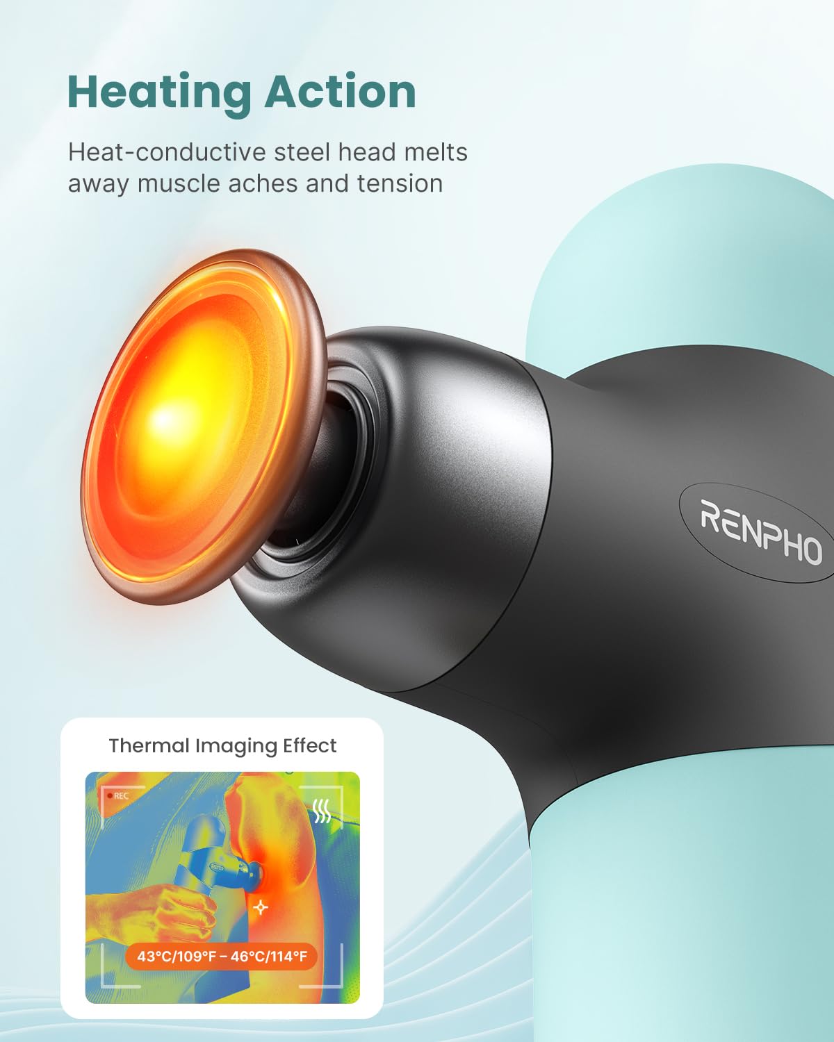 RENPHO Mini Massage Gun with Heat, Portable Fashion Deep Tissue Percussion Massager, Color Silicone Sleeves with Carry Case, 4 Intensities, 4 Heads, for Home Office Workout Muscle Massage Relax, Mint