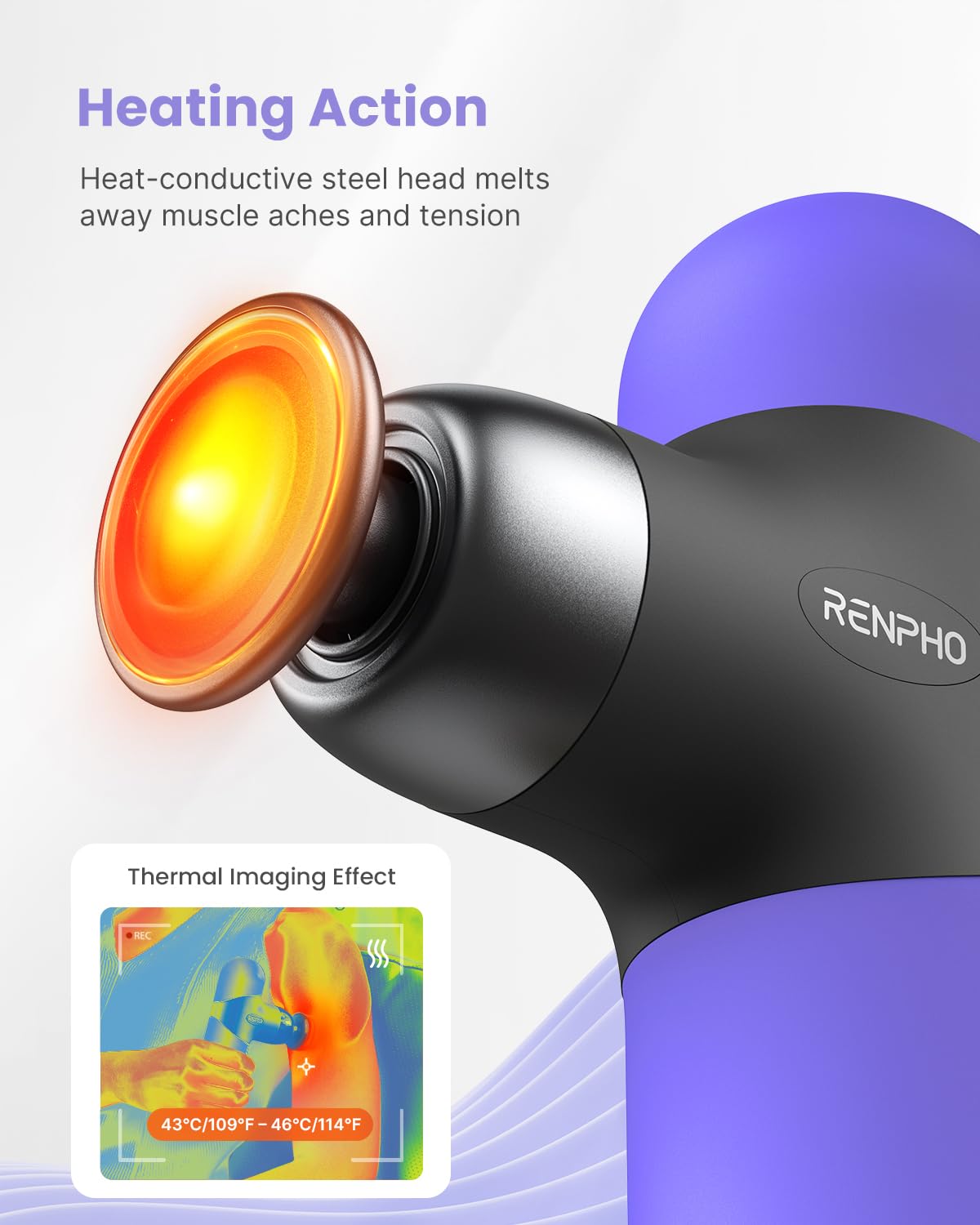 RENPHO Mini Thermal Massage Gun with Heat, Portable Fashion Deep Tissue Percussion Massager, 4 Intensities, 4 Heads, Travel Size with Carry Case, for Athletes, Purple