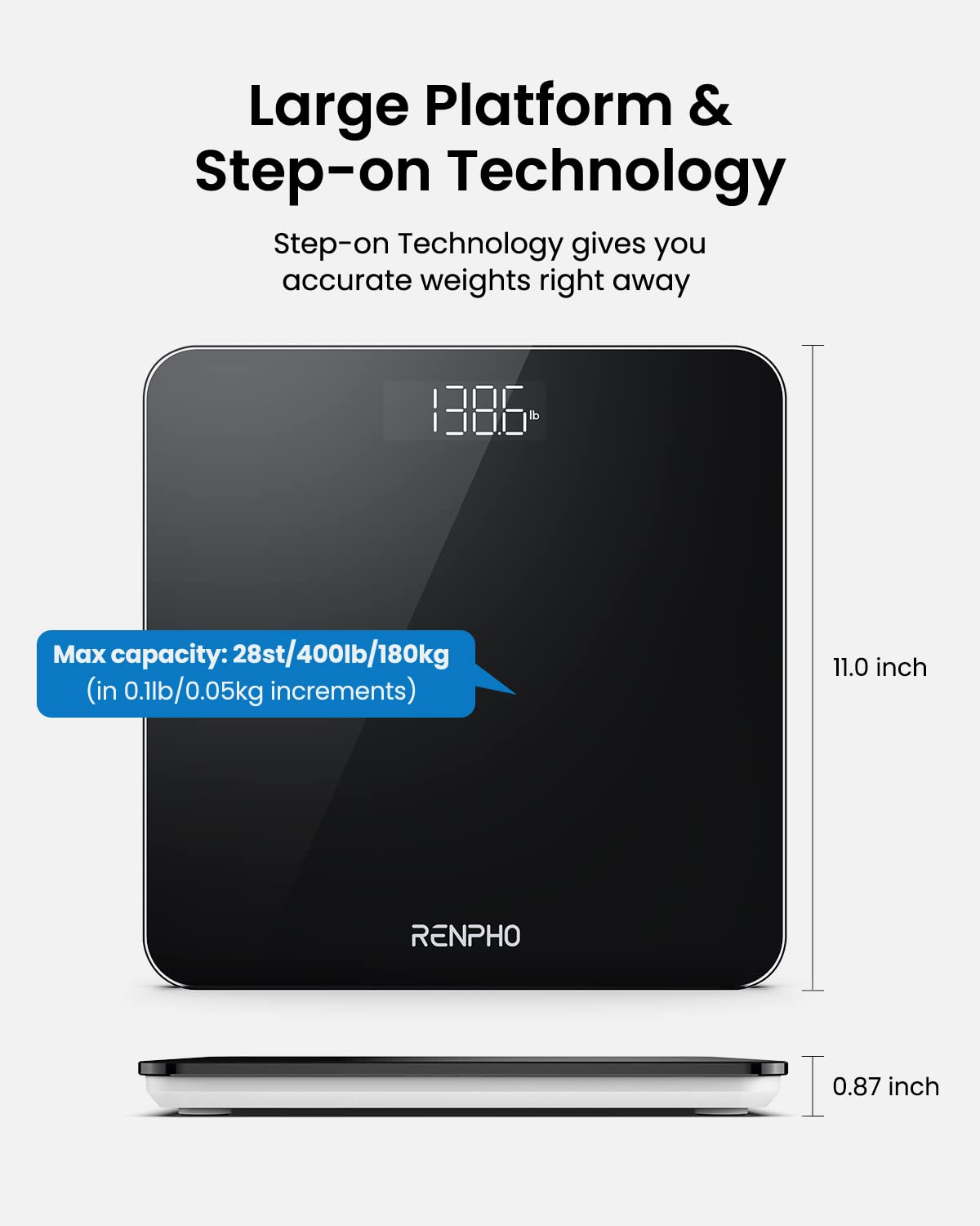 RENPHO Digital Bathroom Scales Weighing Scale with High Precision Sensors Body Weight Scale for Fitness (Stone/lb/kg) - Black, Large Platform 280 * 280mm, Core 1S
