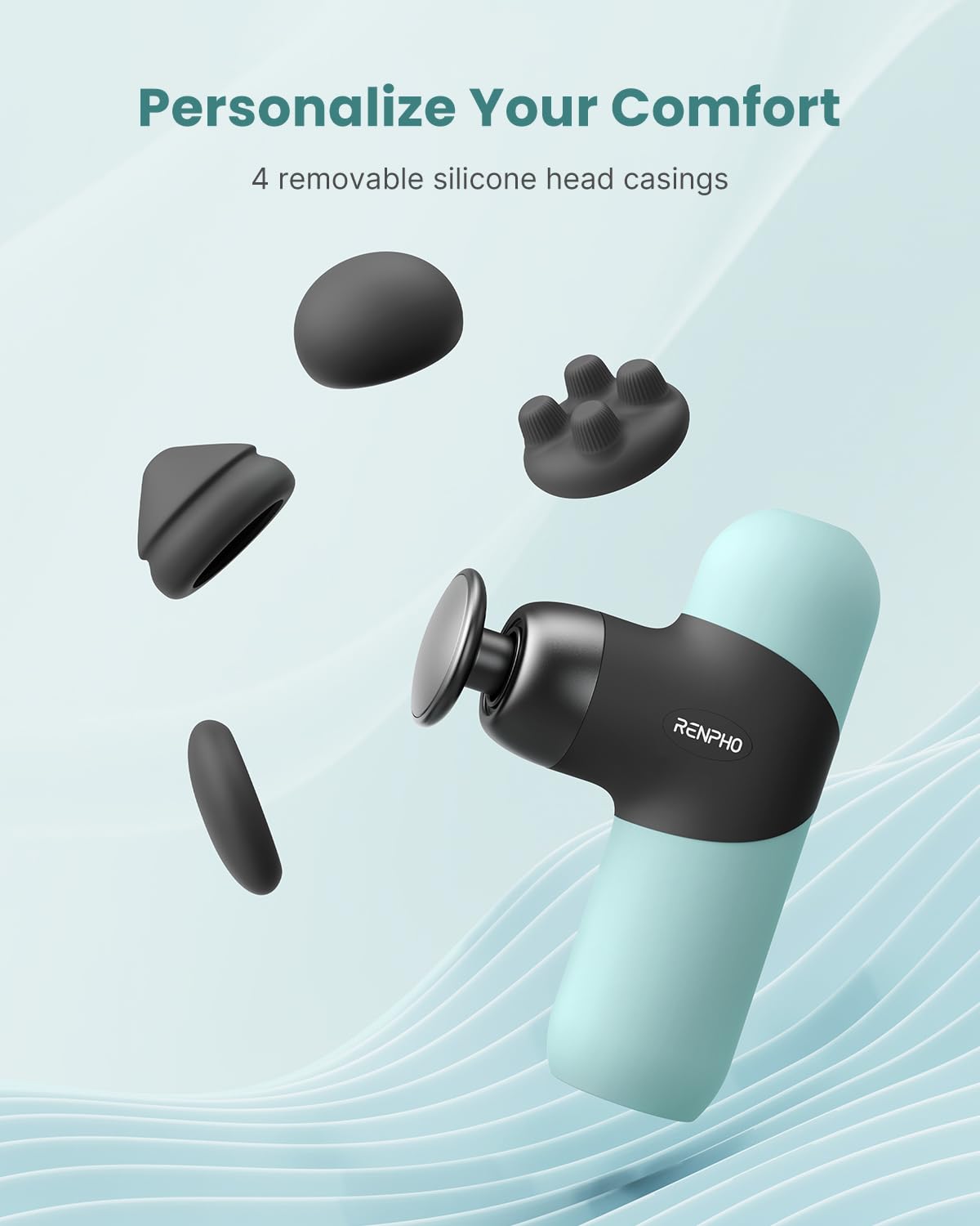 RENPHO Mini Massage Gun with Heat, Portable Fashion Deep Tissue Percussion Massager, Color Silicone Sleeves with Carry Case, 4 Intensities, 4 Heads, for Home Office Workout Muscle Massage Relax, Mint
