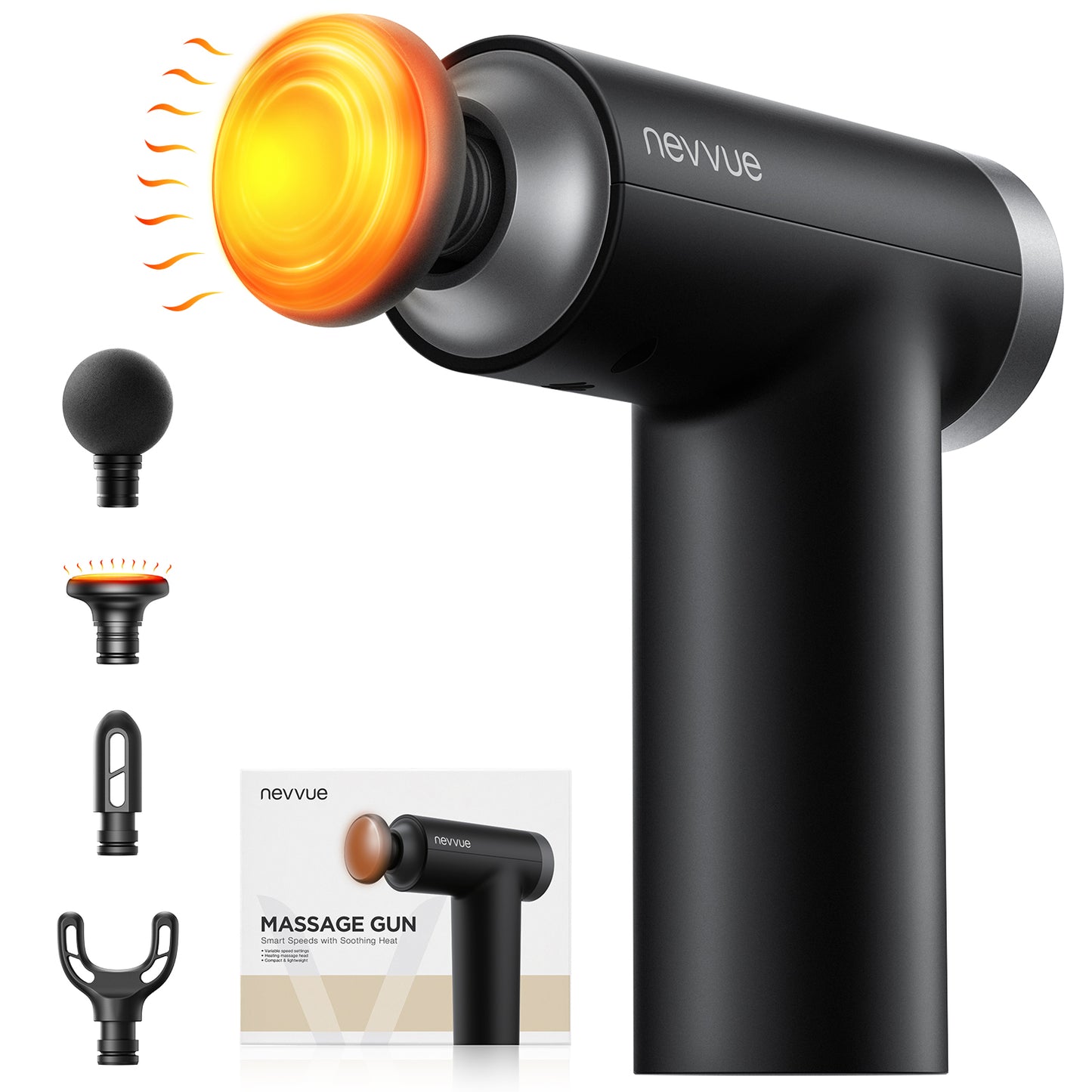 Nevvue Mini Massage Gun with 7+2 Speed Levels & Heat Therapy, Professional Deep Tissue Percussion Massager with 4 Massage Heads, Ultra-Portable for Home & Travel
