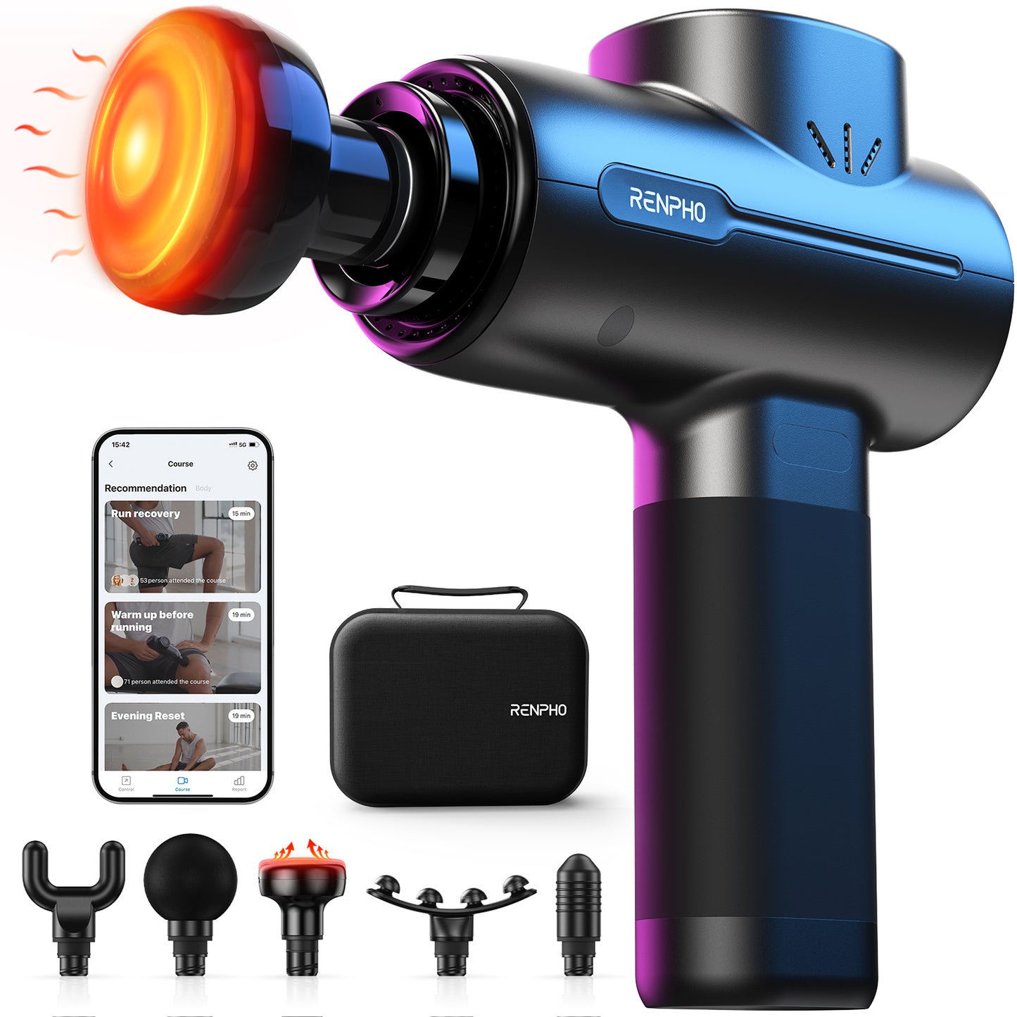 RENPHO Massage Gun with Heat, Portable Muscle Percussion Massager with Bluetooth for Back and Neck, 5 Replaceable Heads, Carry Case, Gifts for Men Women
