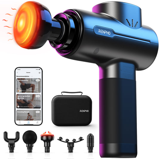 RENPHO Massage Gun with Heat, Portable Muscle Percussion Massager with Bluetooth for Back and Neck, 5 Replaceable Heads, Carry Case, Gifts for Men Women