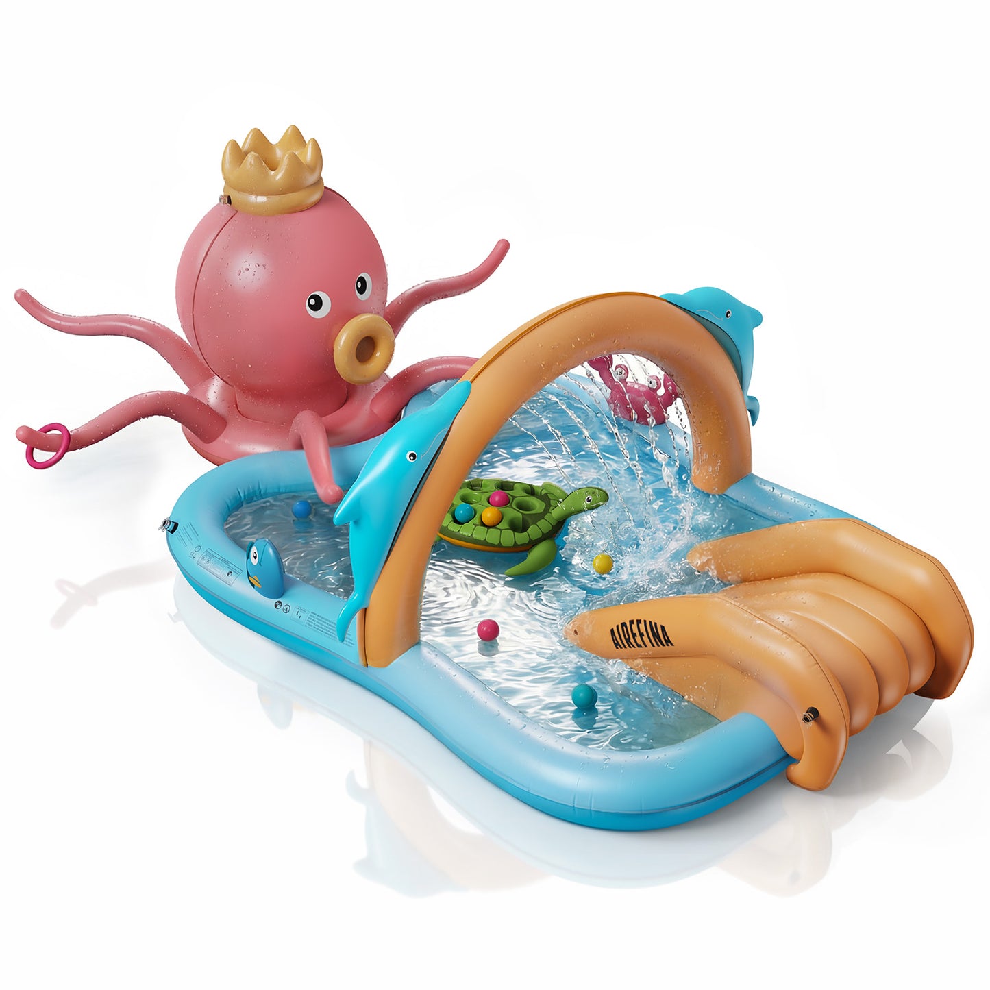 Airefina Inflatable Kiddie Pool, Detachable Octopus King Toddler Pool with Water Slide Splash Pad, Inflatable Play Center with Turtle Toss Target for Backyard, Garden, Water Park, Ages 3+