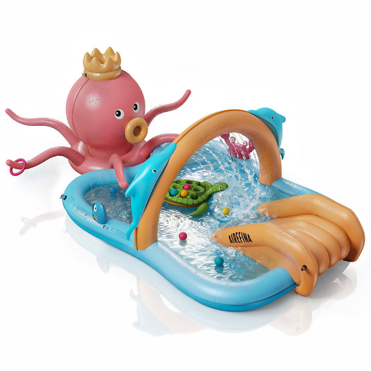 Airefina Inflatable Kiddie Pool, Detachable Octopus King Toddler Pool with Water Slide Splash Pad, Inflatable Play Center with Turtle Toss Target for Backyard, Garden, Water Park, Ages 3+