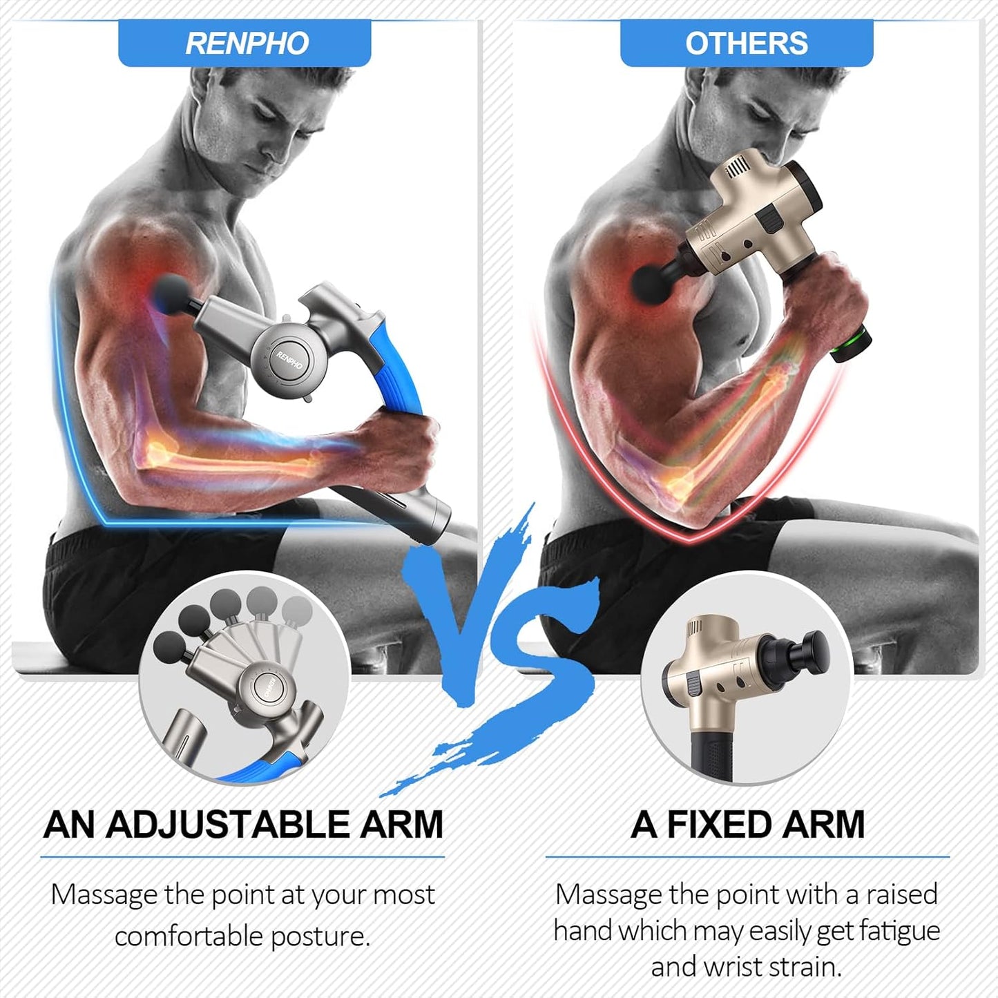 Massage Gun, RENPHO Message Gun Deep Tissue Muscle Massager with Adjustable Arm and 6 Massage Head, Percussion Handheld Electric Muscle Massager Lightweight Portable for Muscle Massage Relax