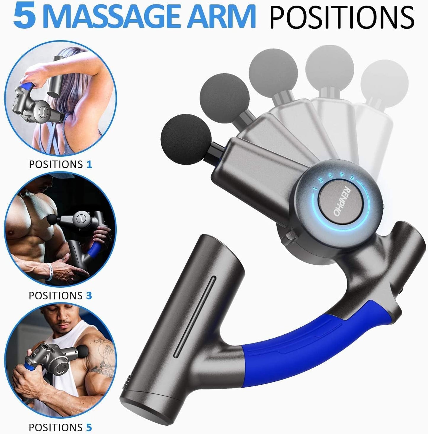 Massage Gun, RENPHO Message Gun Deep Tissue Muscle Massager with Adjustable Arm and 6 Massage Head, Percussion Handheld Electric Muscle Massager Lightweight Portable for Muscle Massage Relax