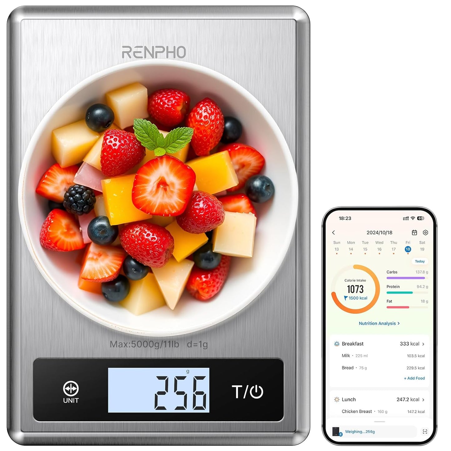 RENPHO Digital Food Scale, Kitchen Scale for Baking, Cooking and Coffee with Nutritional Calculator for Keto, Macro, Calorie and Weight Loss with Smartphone App, Stainless Steel