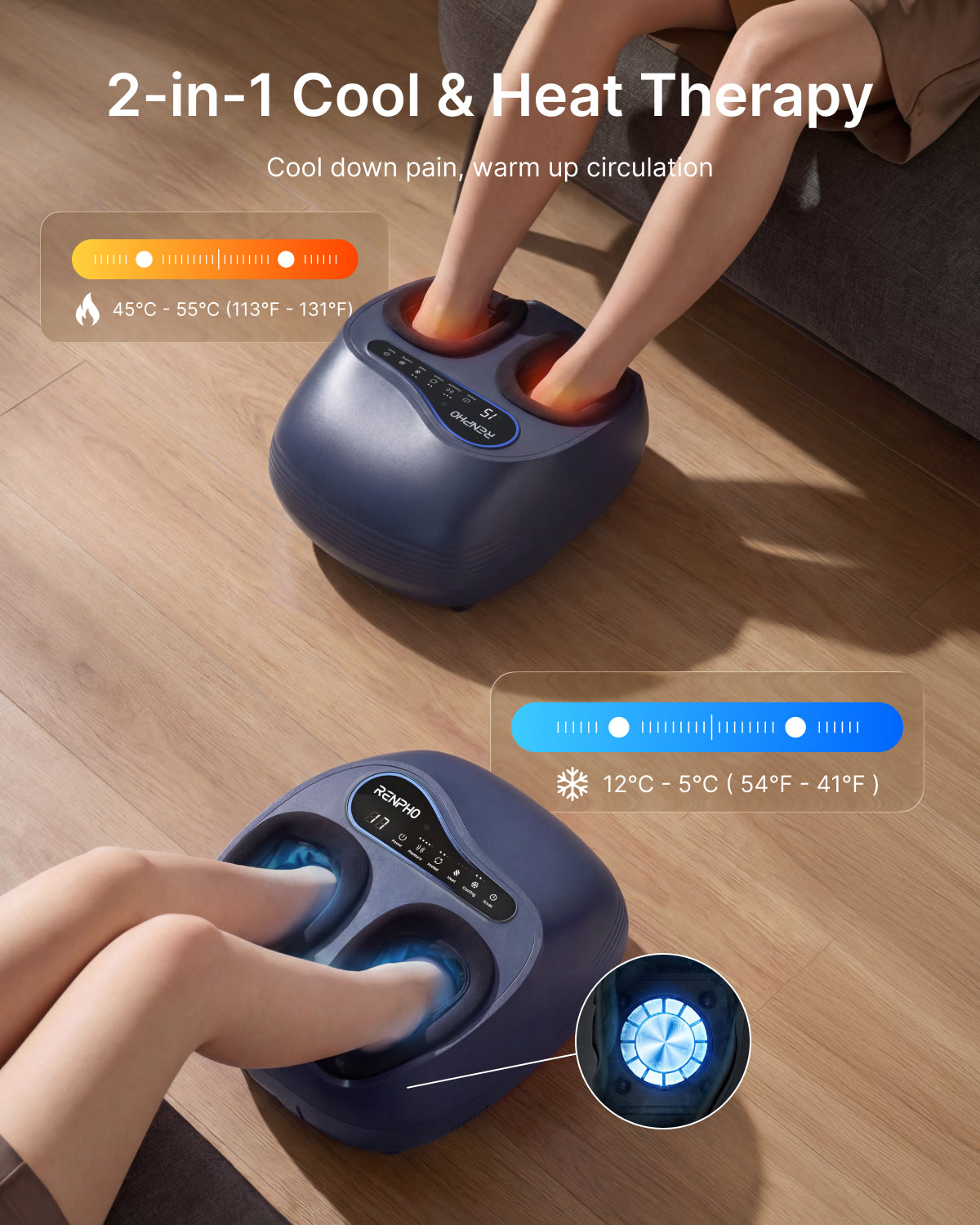 RENPHO Thermacool 2-in-1 Foot Massager with Heat & Cold, Adjustable 3 Kneading & 5 Compression Settings, Shiatsu Foot Massager for Plantar Fasciitis, Neuropathy & Muscle Recovery, Up to US Size 13