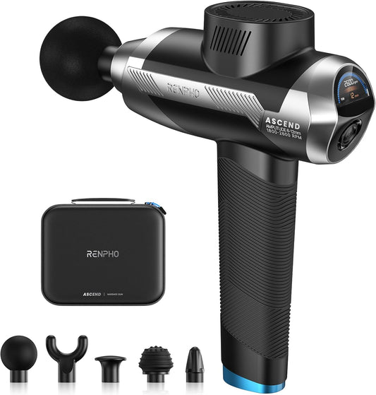 RENPHO Ascend Massage Gun Deep Tissue with 6-12mm Adjustable Amplitude, Percussion Professional Muscle Massage, Handheld Massager with Portable Carry Case for Athletes & Home Use, Color Display