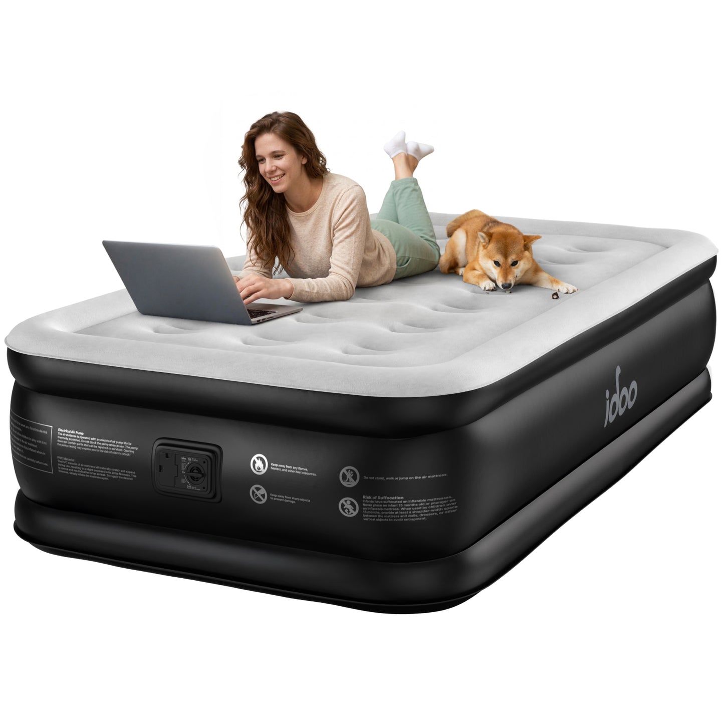 iDOO Single Air Mattress with Built‑in Electric Pump, 18" Raised | Air Bed, 3 Mins Self Inflation，Advanced Air Coil Support,Inflatable Bed with Carrying Bag for Home, Camping & Travel