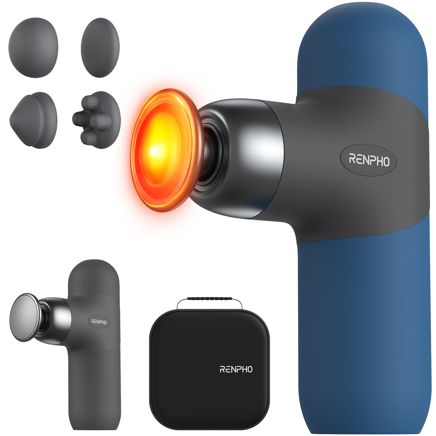 RENPHO Mini Thermal Massage Gun with Heat, Portable Deep Tissue Percussion Massager, Color Silicone Sleeves Travel Size with Carry Case, Aegean Blue