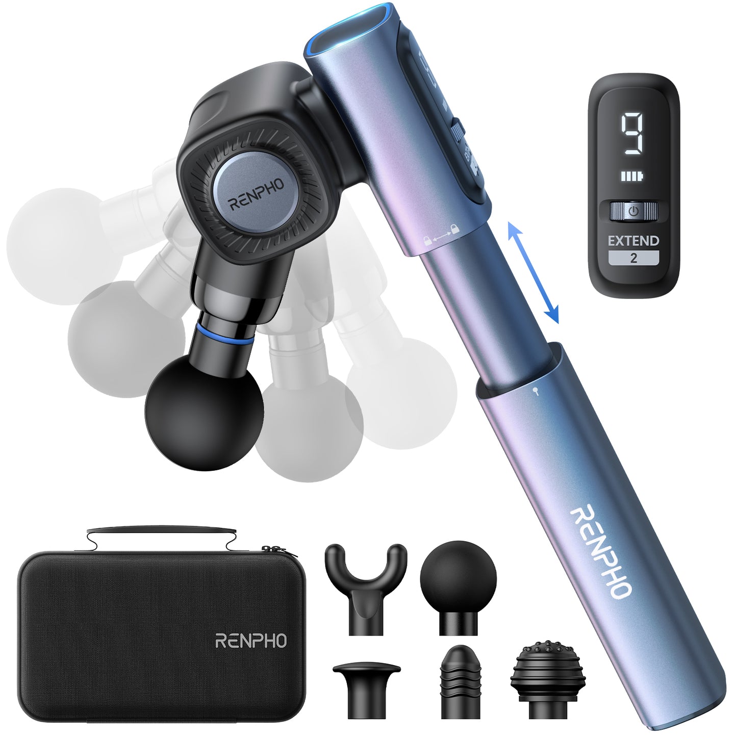 RENPHO Massage Gun with Adjustable Angles and Extension Handle, Christmas Gifts, Handheld Percussion Muscle Massager Deep Tissue with Portable Carry Case for Men Women, Extend 2