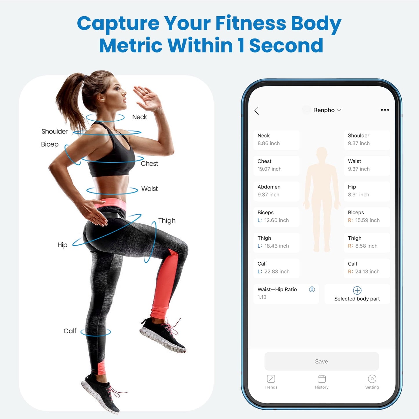 RENPHO Smart Tape Measure with App, Bluetooth Body Measuring Tape for Body Circumference Monitoring, Mother-to-Be, Bodybuilder