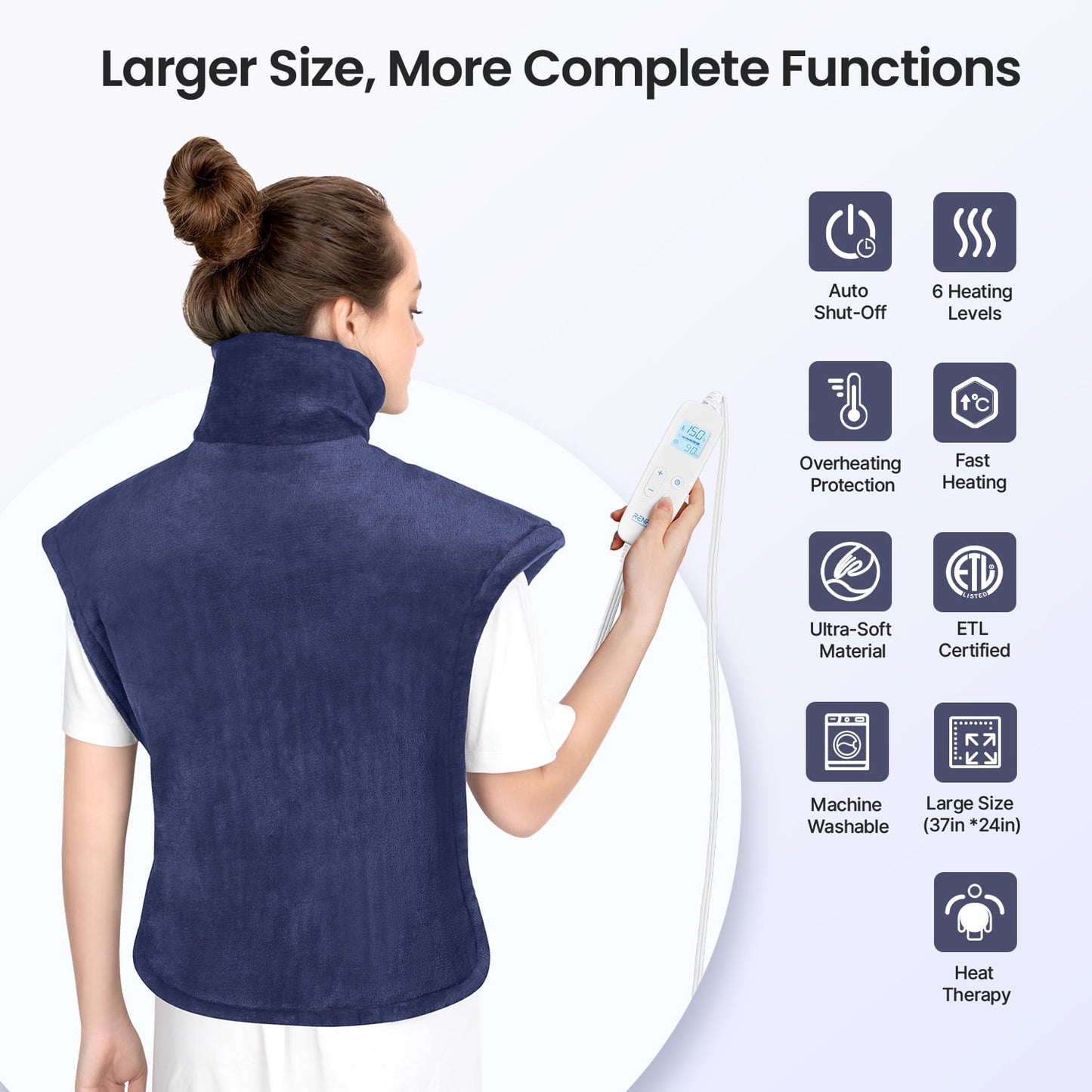 RENPHO Electric Heating Pad for Back Pain Relief, Large Electric Heating Pad for Neck & Wrap with 6 Heat Settings & Auto Shut-Off - 24"x37" - Dark Blue