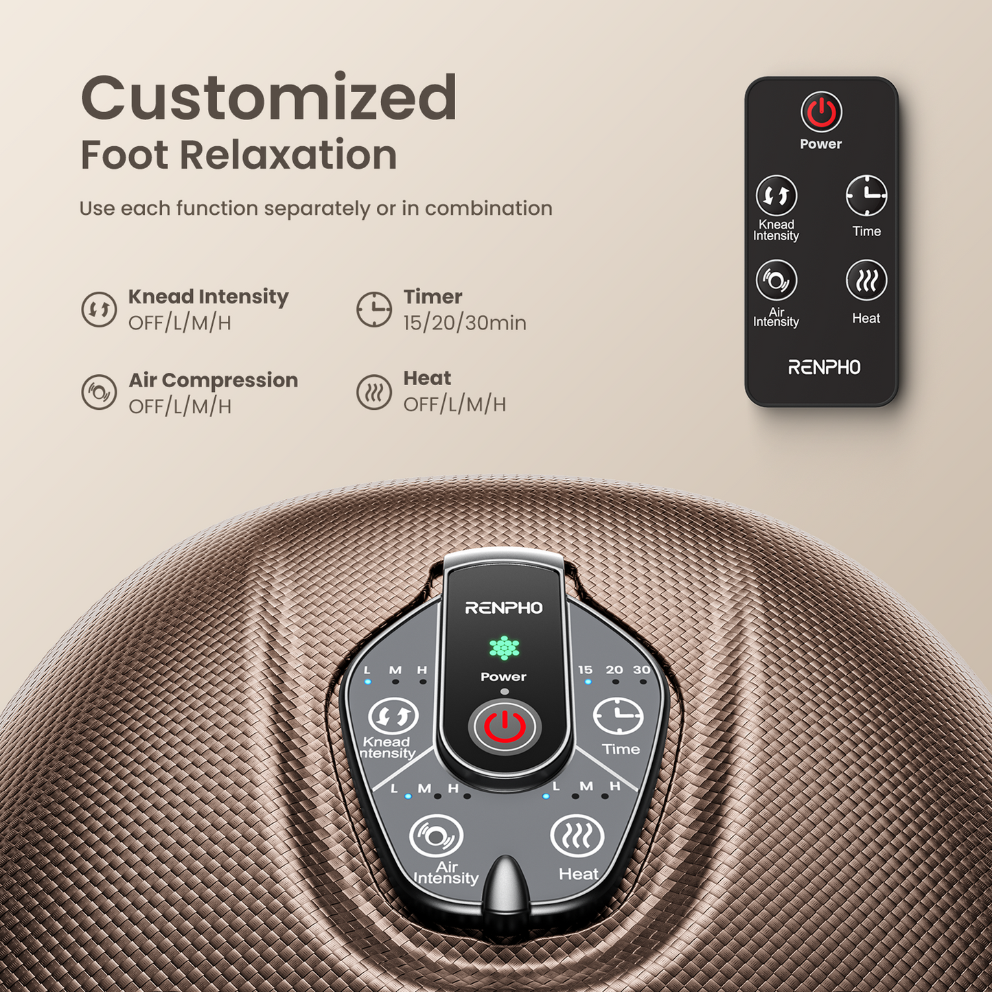 RENPHO 2025 Foot Massager Machine with Heat, Foot Massager for Plantar Fasciitis, 3 Heat Levels, Mothers Day Gifts for Women Mom Dad, Wireless Control, True Feet Massage, Up to Size 12, Brown