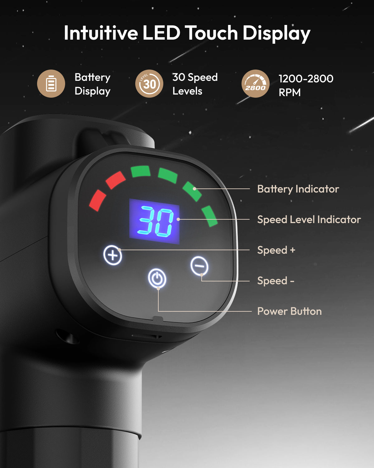 Massage Gun, Handheld Electric Muscle Massager, Deep Tissue Percussion Device, 30 Speed Levels, 6 Exchangable Massage Heads, LED Touch Display, Ultra-Quiet Motor, Portable & Travel-Friendly
