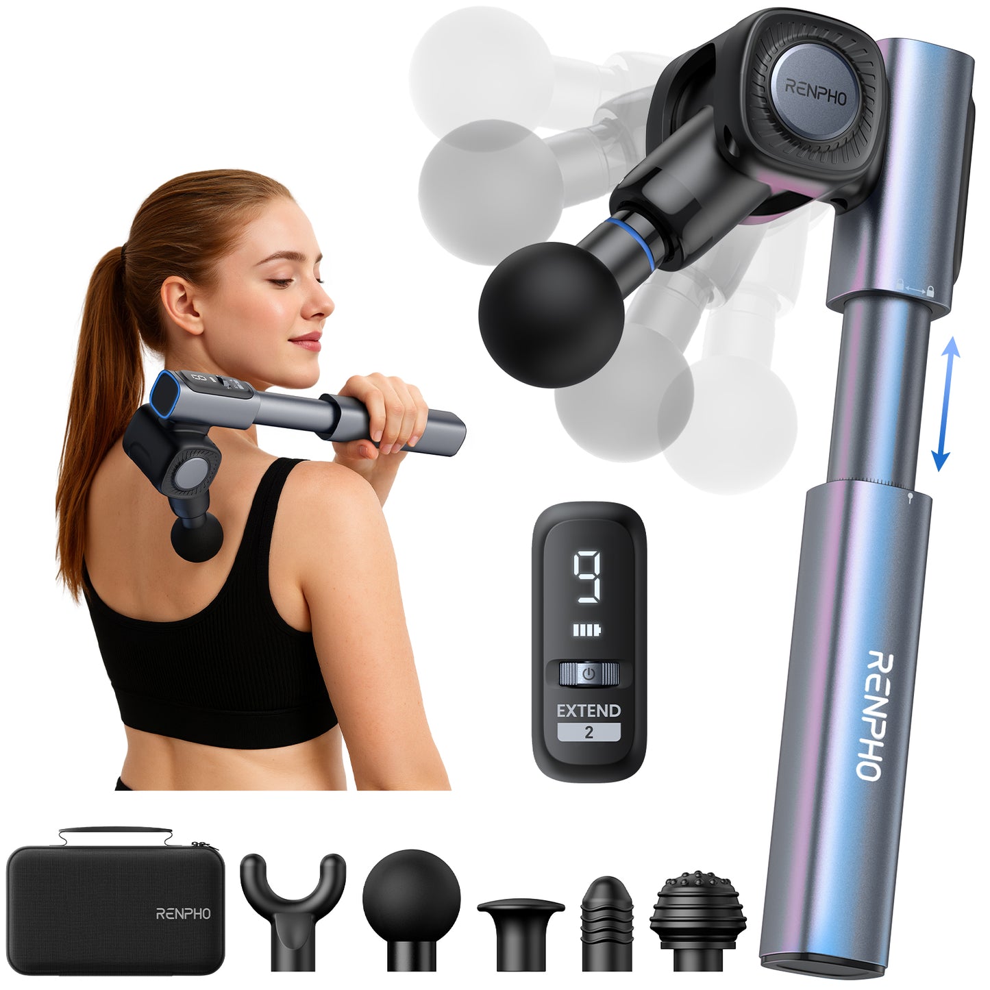RENPHO Massage Gun with Adjustable Angles and Extension Handle, Christmas Gifts, Handheld Percussion Muscle Massager Deep Tissue with Portable Carry Case for Men Women, Extend 2