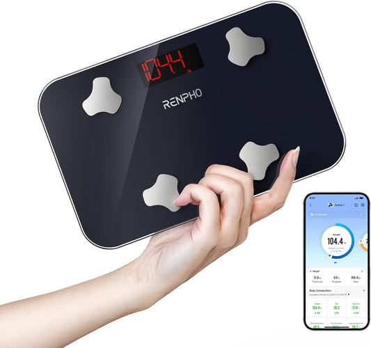 RENPHO Personenwaage Digital, Mini Waage mit Körperfett und Muskelmasse, Tragbare Körperfettwaage Synchronisierbar mit Apps, Höchstmaß 180kg, 28 X 18CM