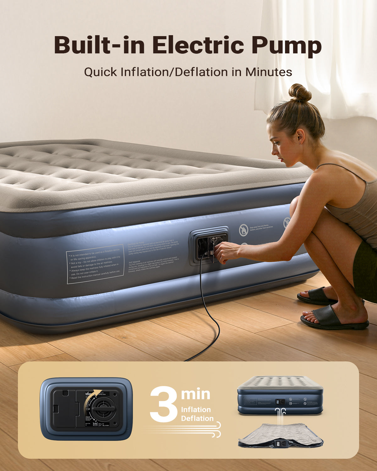 iDOO Inflatable Air Mattress King Size, Air Bed with Built-in Electric Pump, Upgraded Blow Up Mattress in 3 Mins Fast Inflation, Portable Double Airbed for Home Camping Travel 203x152x46cm