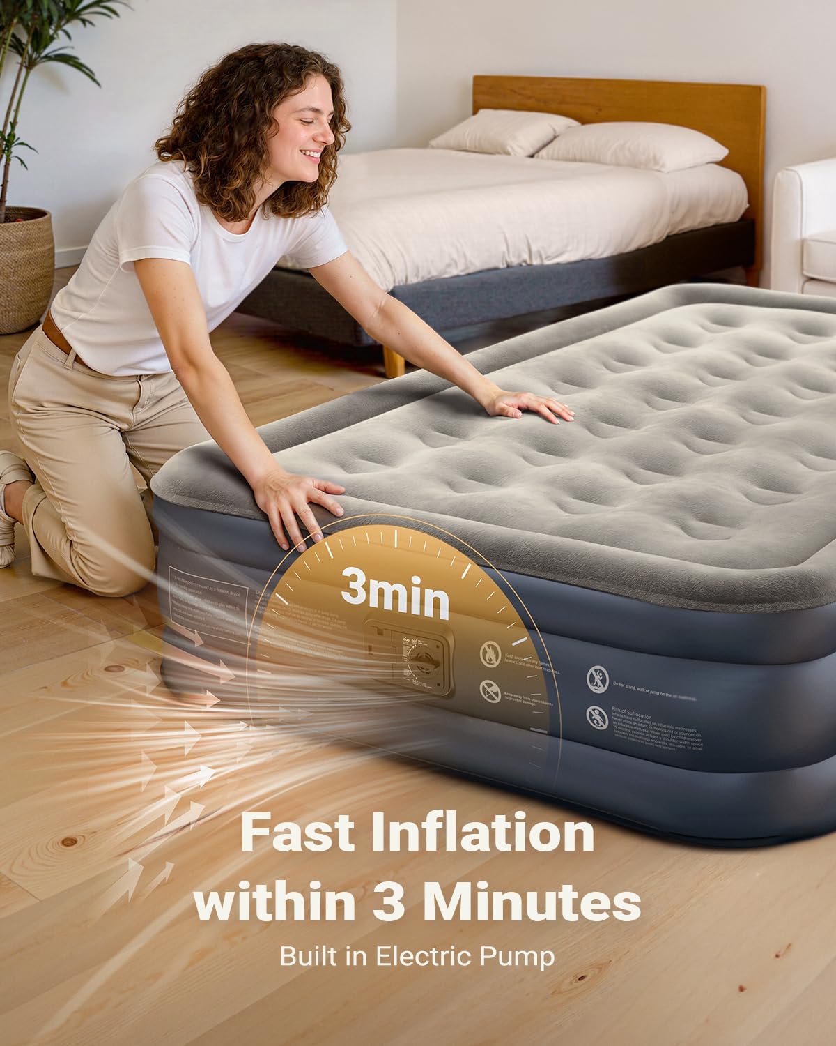 iDOO Inflatable Mattress, Blow Up Mattress, Double Airbed with Built in Pump, Air Bed, Guest Bed Self Inflating with Flocked Surface for Home and Camping 193x137x46cm 295kg MAX
