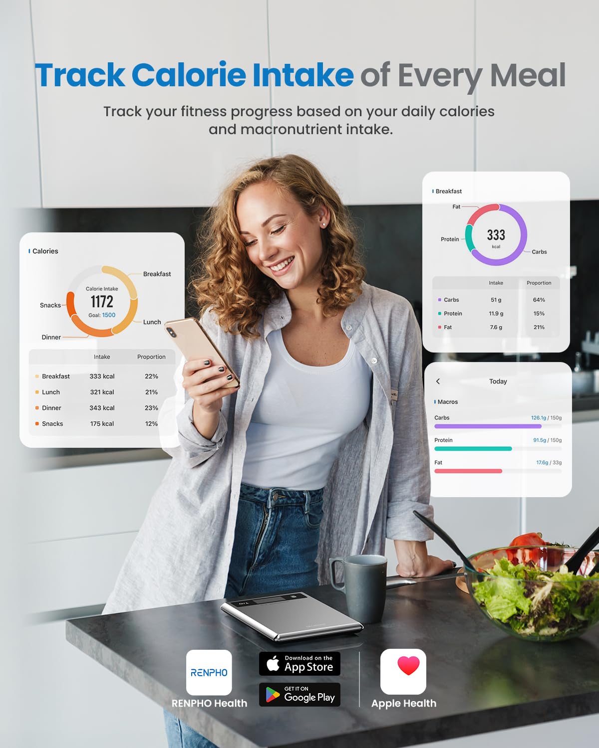 RENPHO Digital Food Scale, Kitchen Scale for Baking, Cooking and Coffee with Nutritional Calculator for Keto, Macro, Calorie and Weight Loss with Smartphone App, Stainless Steel