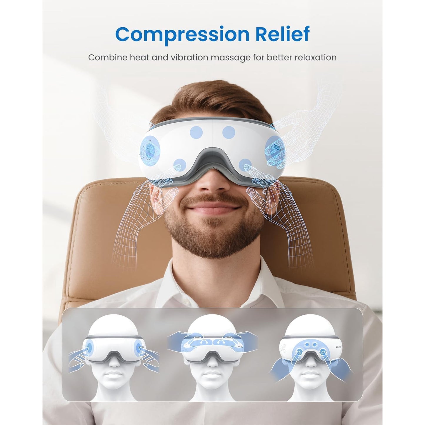 RENPHO Eye Massager with Heat & Vibration, FSA HSA Eligible, 5 Massage Modes, Bluetooth Music, Adjustable Headband, USB Rechargeable, Gift - White
