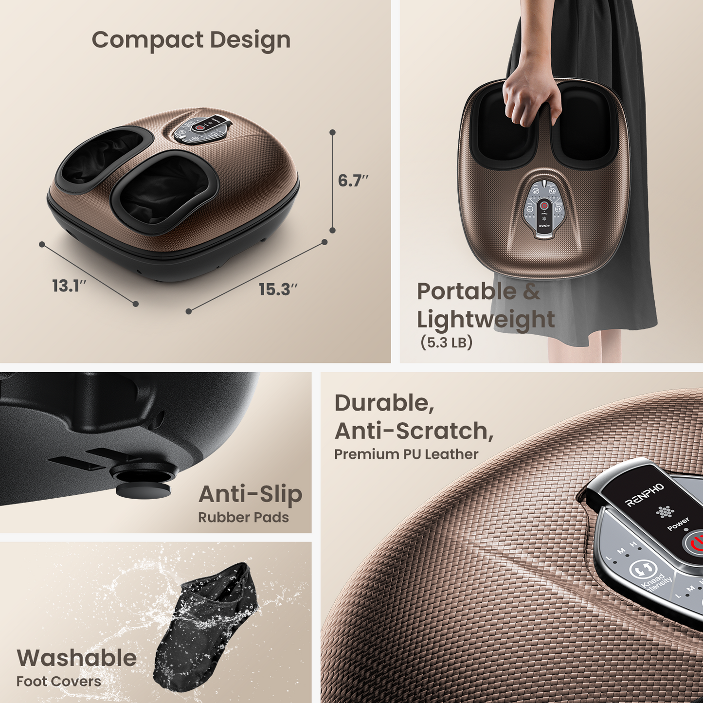 RENPHO 2025 Foot Massager Machine with Heat, Foot Massager for Plantar Fasciitis, 3 Heat Levels, Mothers Day Gifts for Women Mom Dad, Wireless Control, True Feet Massage, Up to Size 12, Brown