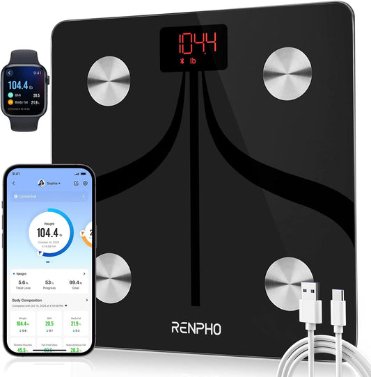 RENPHO Körperfettwaage Smarte, Wiederaufladbare Personenwaage Digital per USB-C, Personenwaage mit Körperfettanalyse mit App, 180 kg, Schwarz