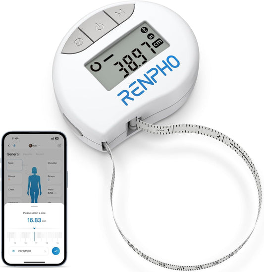 RENPHO Maßband Körper Smart Körpermassband, Bluetooth Massband Körper zum Messen der Körperumfänge von Bizeps, Brust, Hüfte, Waden, Oberschenkel und Hals, Maßband Nähen in CM Oder Zoll, 150CM