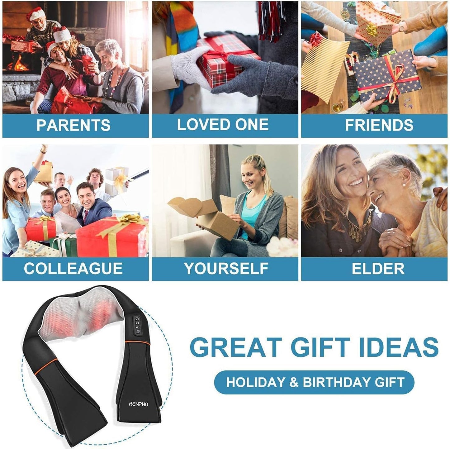 RENPHO Shiatsu Neck Massager with Heat & Vibration, Deep Tissue 3D Kneading Shoulder Massager for Pain Relief, Cordless Leather Gift for Women and Men