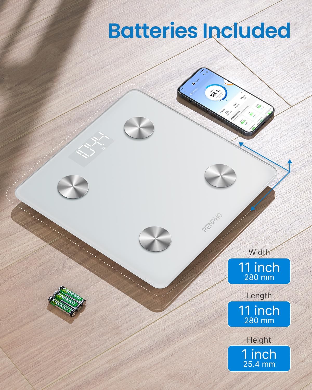 RENPHO Digital Scale for Body Weight and Fat, Smart Scale BMI Bathroom Elis 1 Weight Scales for People, Body Fat Scale with Body Composition Monitor, 400 lbs, White