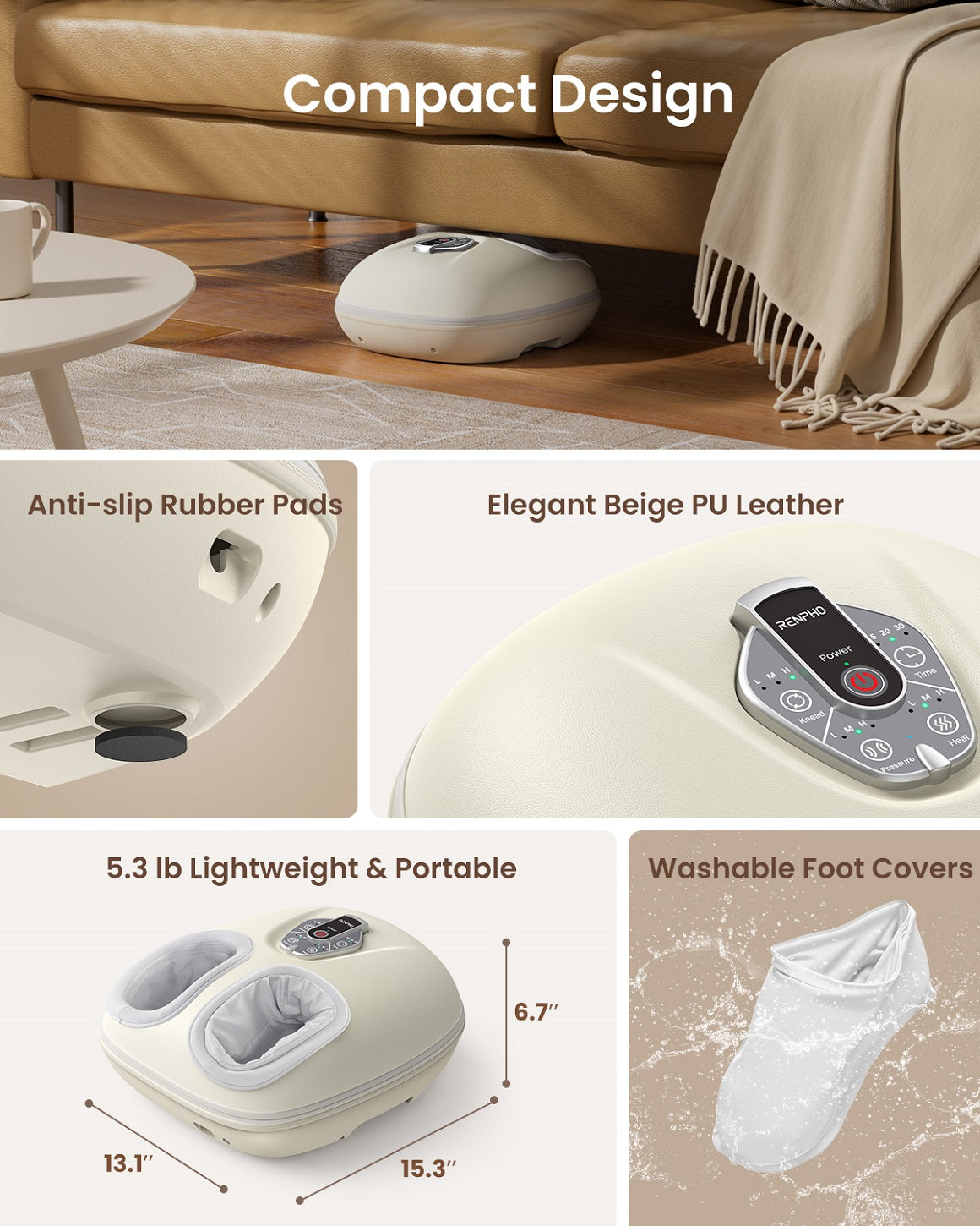 RENPHO Foot Massager Machine with Heat [2026 Upgraded], Shiatsu Foot Massager for Plantar Fasciitis, Valentines Day Gifts for Her Him, Exclusive Voice Control, Beige