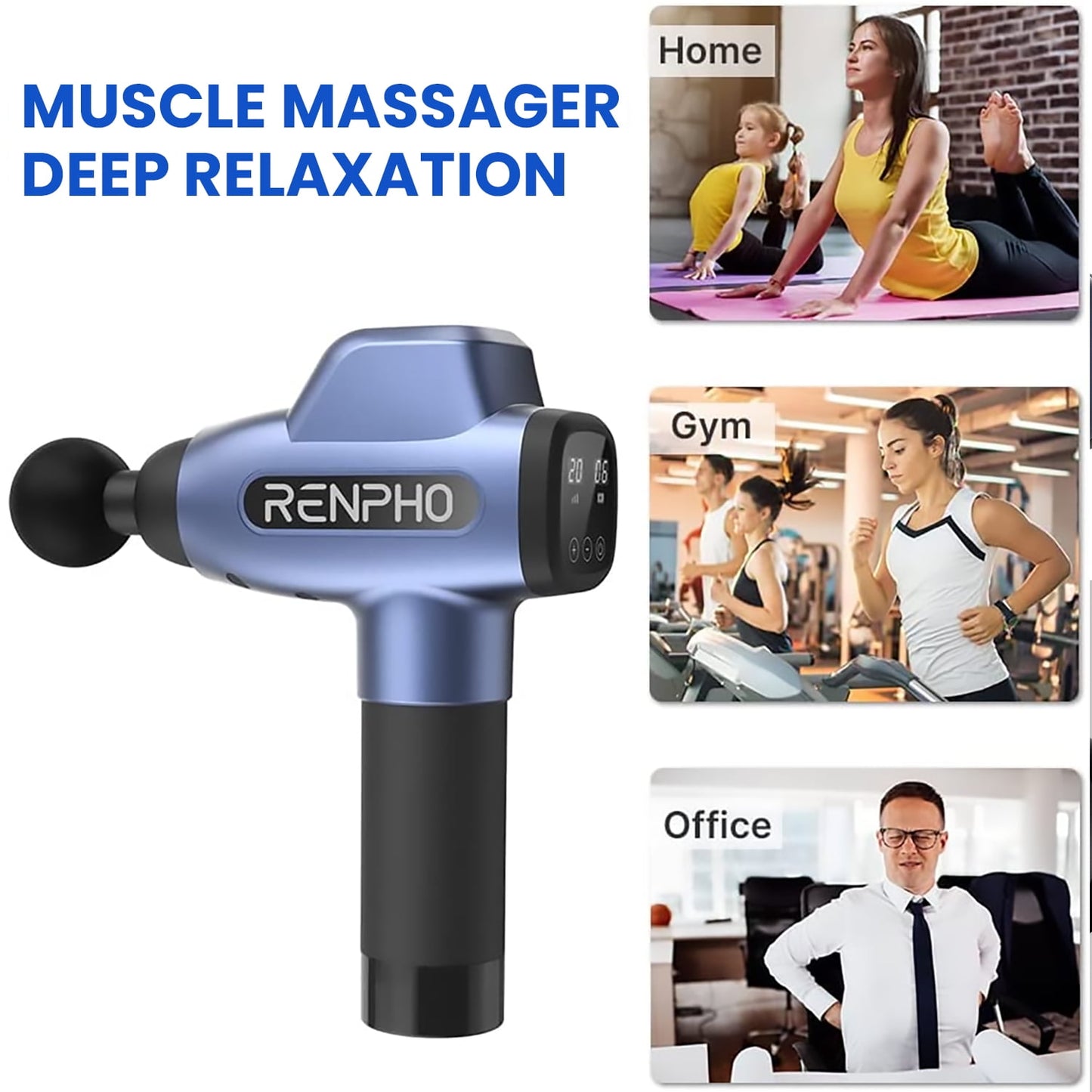 RENPHO Body Massager Muscle Massage Gun for Pain Relief Deep Tissue with 6 Massage Heads, FSA HSA Eligible, Christmas Gift for Men & Women, Dark Blue