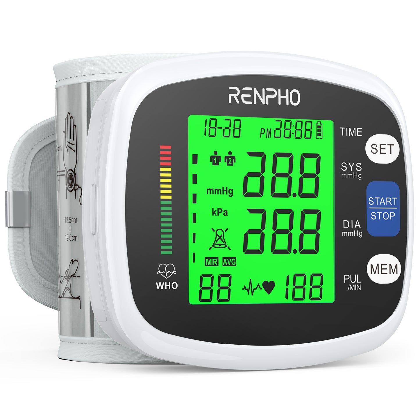 RENPHO Wrist Blood Pressure Monitor for Home Use, Automatic BP Machine with Large LCD Display, Adjustable Wrist Blood Pressure Cuff, 198 Memory Storage for 2 Users with Carrying Case