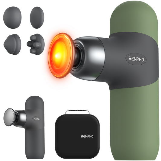 RENPHO Mini Thermal Massage Gun with Heat, FSA HSA Eligible, Portable Deep Tissue Percussion Massager, Color Silicone Sleeves Travel Size with Carry Case, Olive Drab