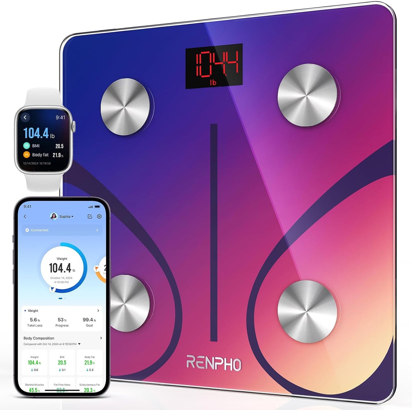 RENPHO Balance Pese Personne, Balance Connectée Bluetooth Pèse Personne Impédancemètre, Balance Impedancemetre avec 13 Données Corporelles (BMI/Graisse Corporelle/Masse Osseuse/BMR/Eau), Rouge, Elis 1