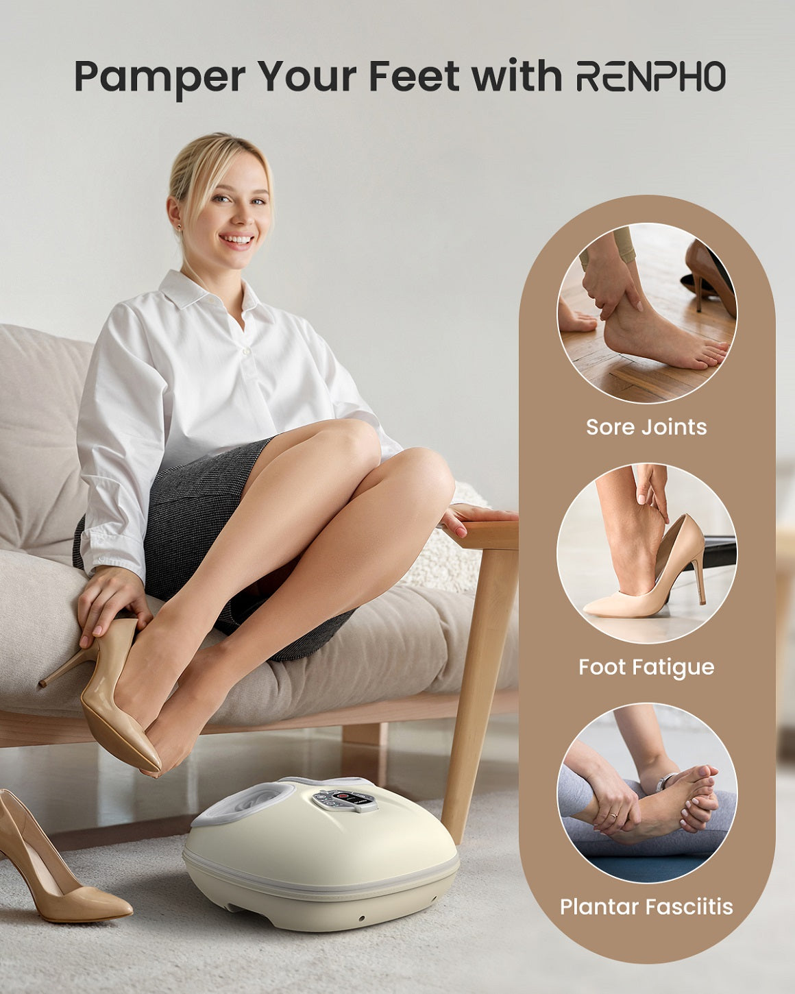 RENPHO Foot Massager Machine with Heat [2026 Upgraded], Shiatsu Foot Massager for Plantar Fasciitis, Valentines Day Gifts for Her Him, Exclusive Voice Control, Beige