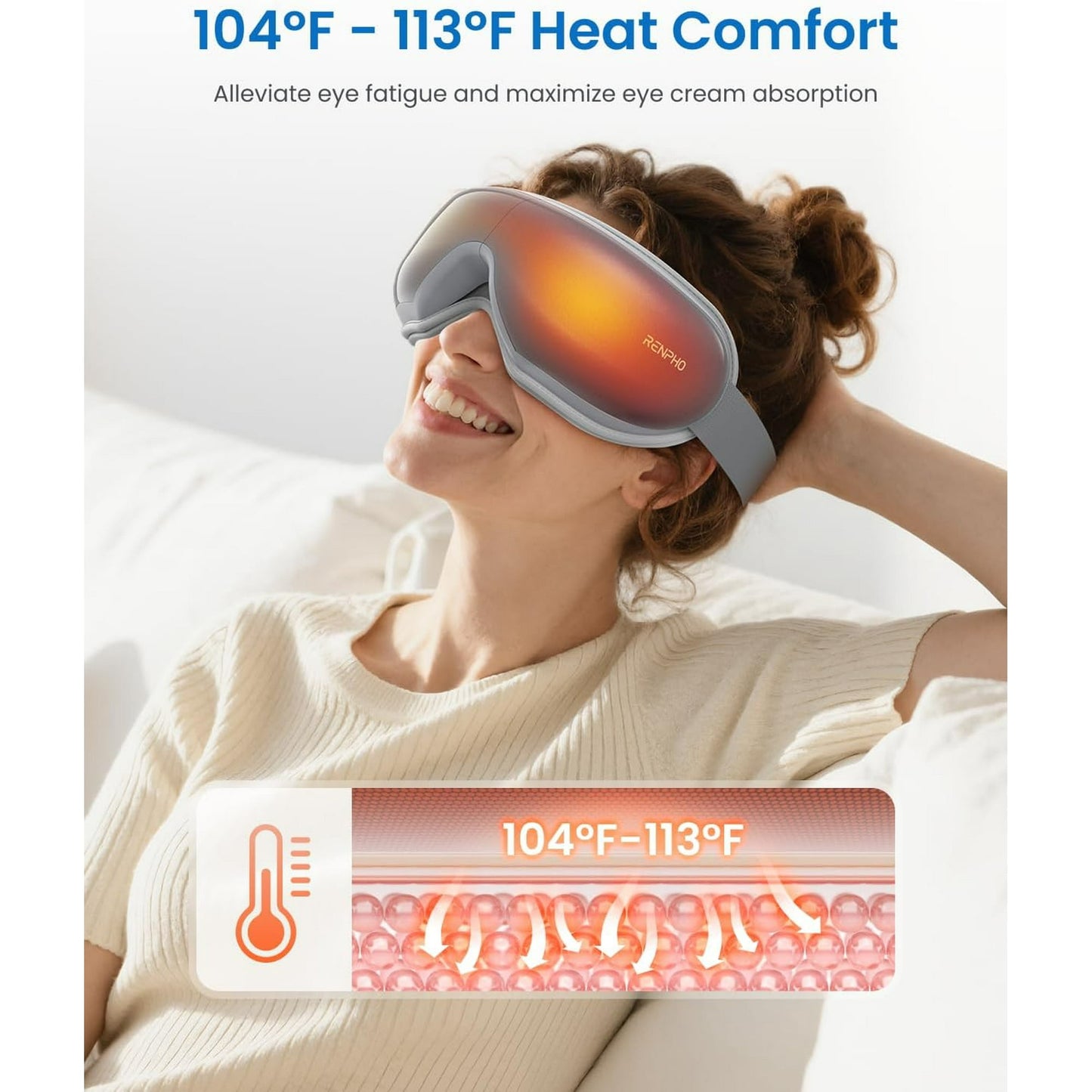 RENPHO Eye Massager with Heat & Vibration – 5 Massage Modes, Bluetooth Music, Adjustable Headband, USB Rechargeable - Gray