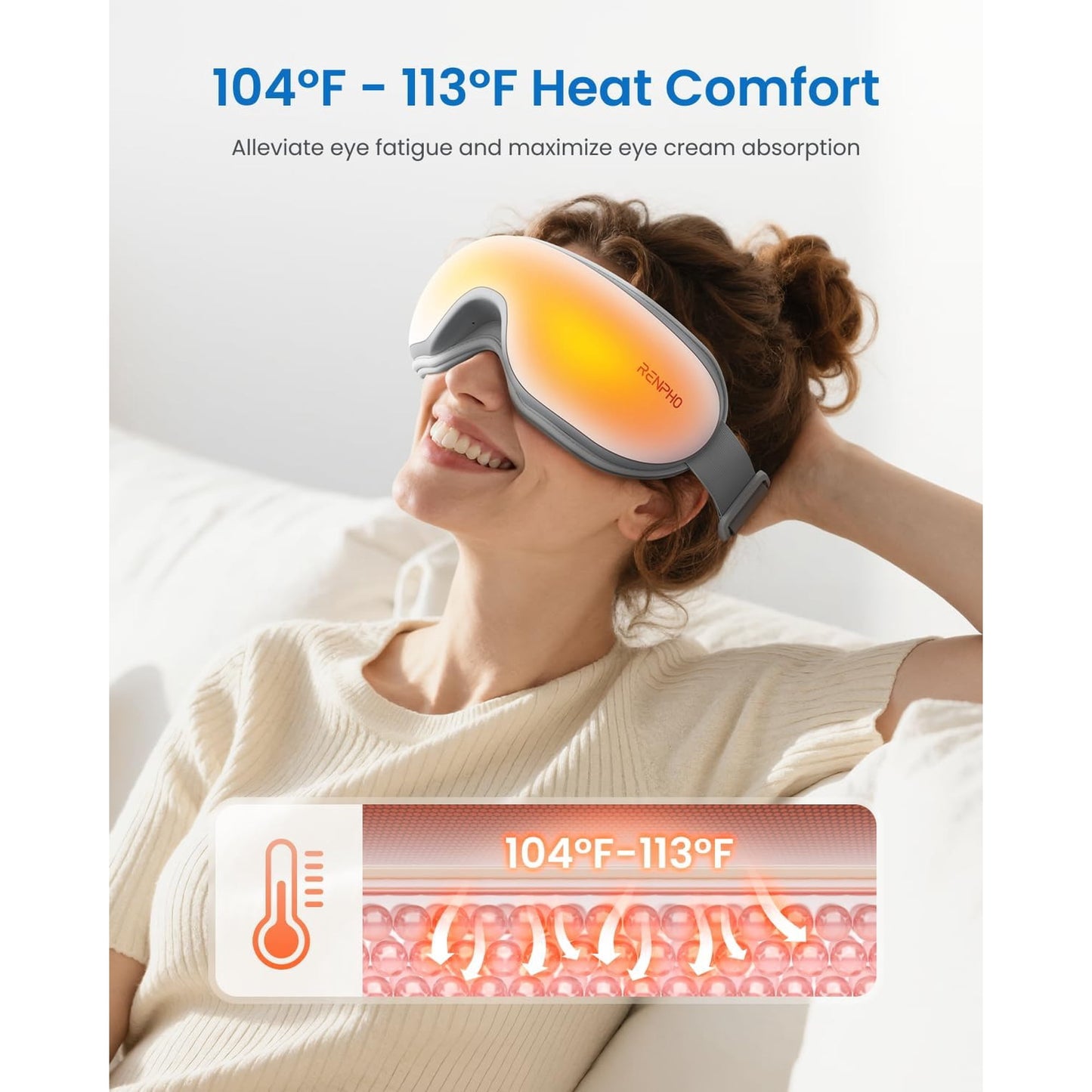 RENPHO Eye Massager with Heat & Vibration, FSA HSA Eligible, 5 Massage Modes, Bluetooth Music, Adjustable Headband, USB Rechargeable, Gift - White