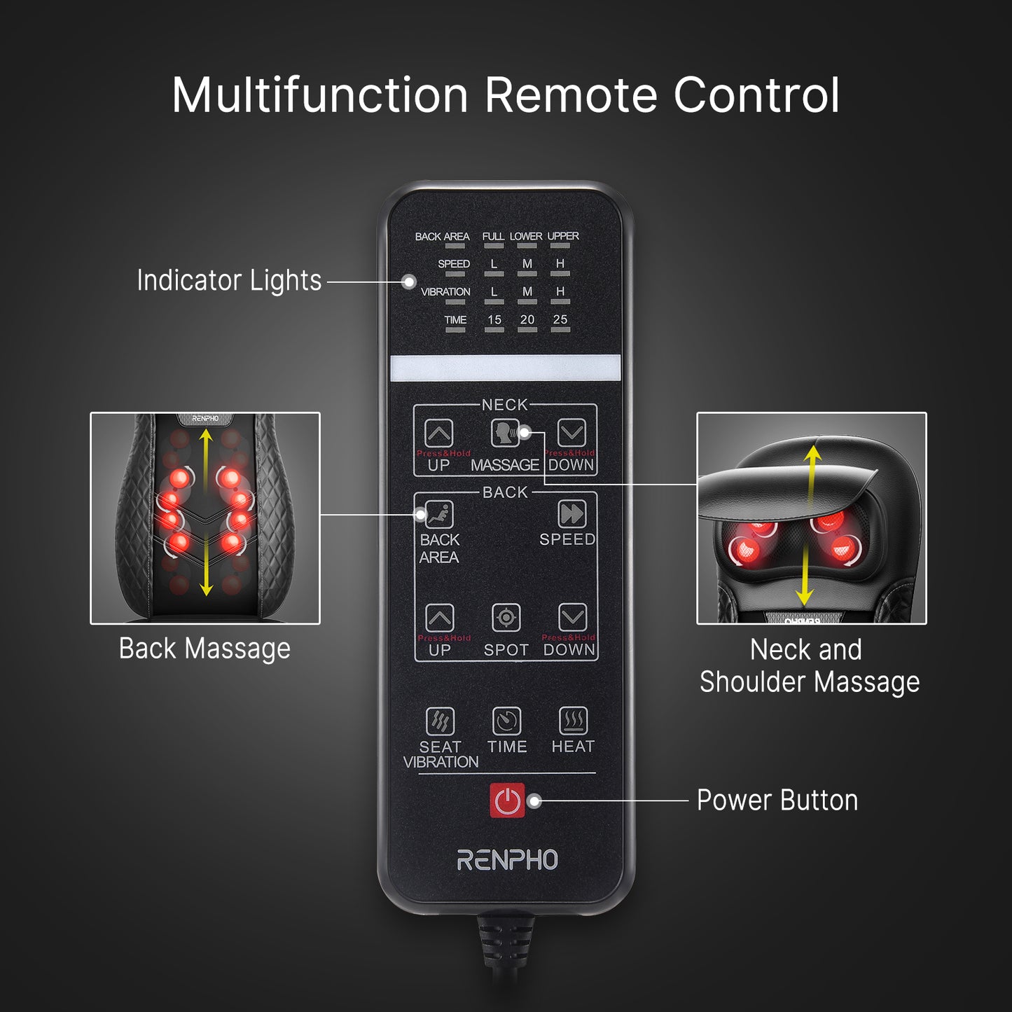RENPHO Back Massager with Heat, Shiatsu Massage Chair Full Body, Neck Massager Height Adjustable, Back Massager Deep Tissue Kneading, Massager Seat Vibration, Massage at Home, Office